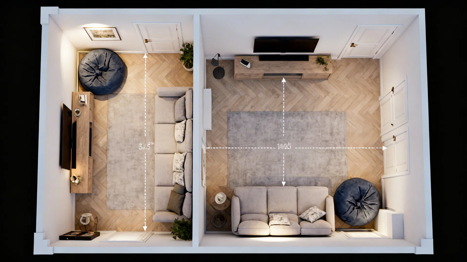 Top-down mockup showing bean bag placement and circulation paths in a small living room