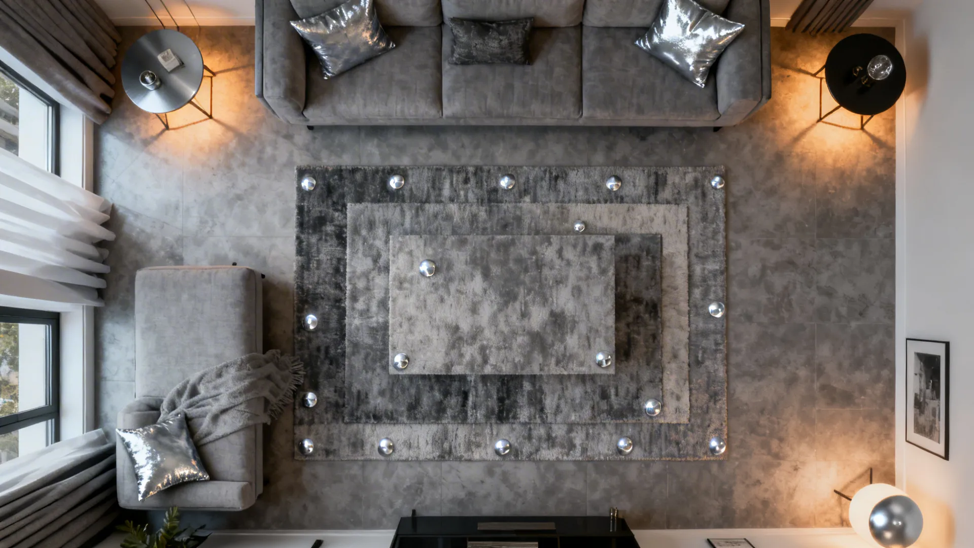 Top-down room layout showing placement of silver accents and furniture in a small living room.