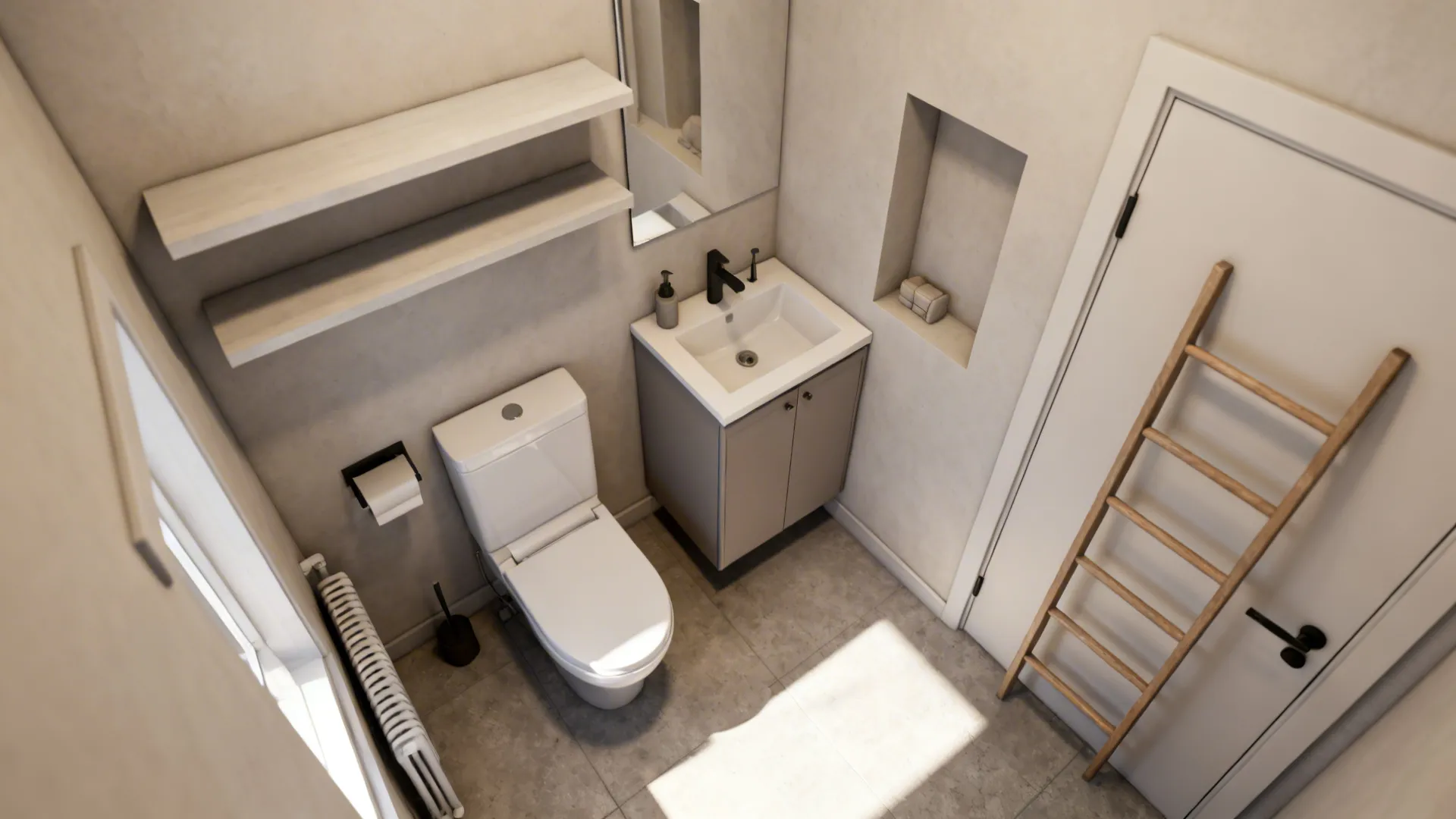 Top-down layout showing suggested towel storage placements in a tiny bathroom.