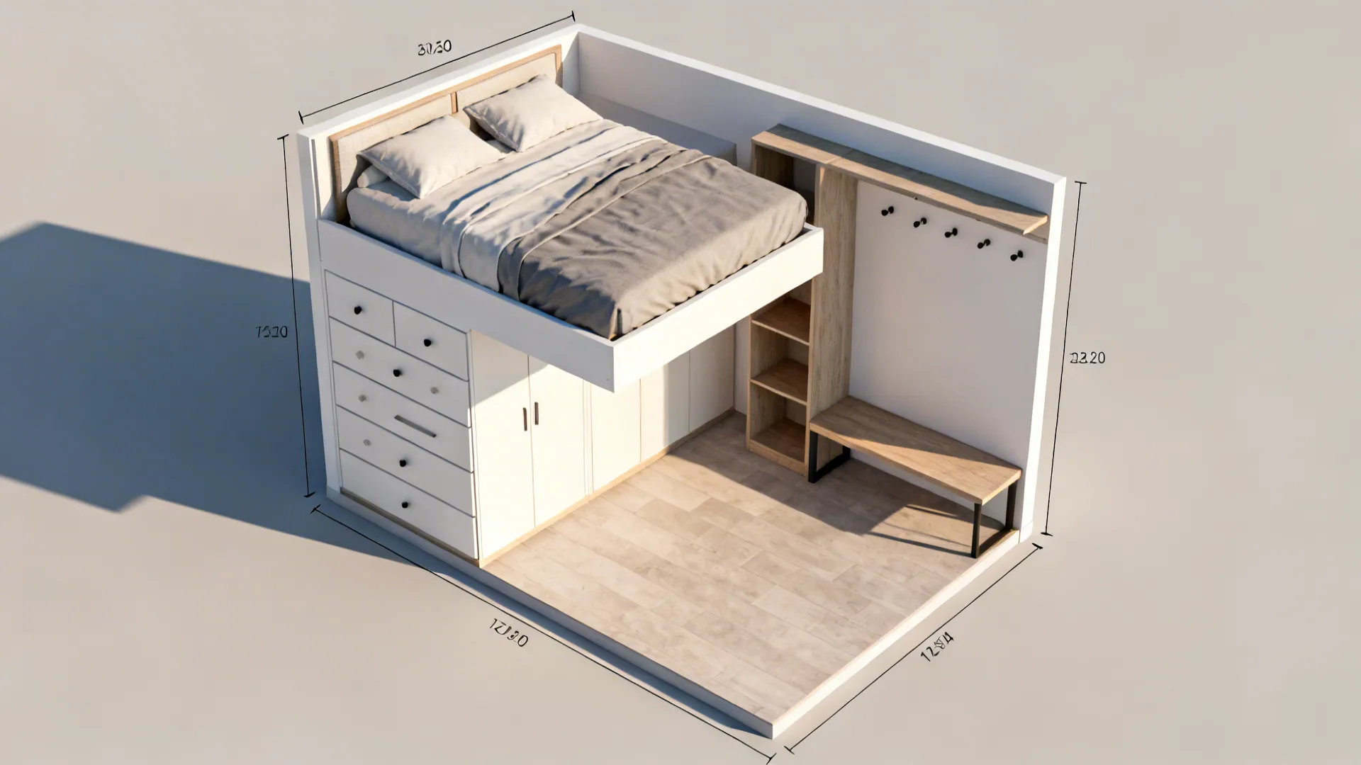 Top-down layout view of a tiny bedroom showing furniture placement and clearances for storage solutions