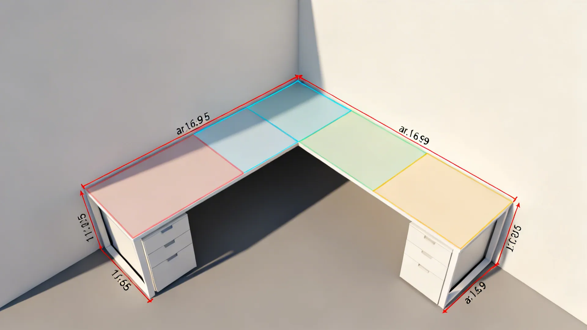 Top-down planning view of L-shaped desk layouts with measurements and workflow zones.