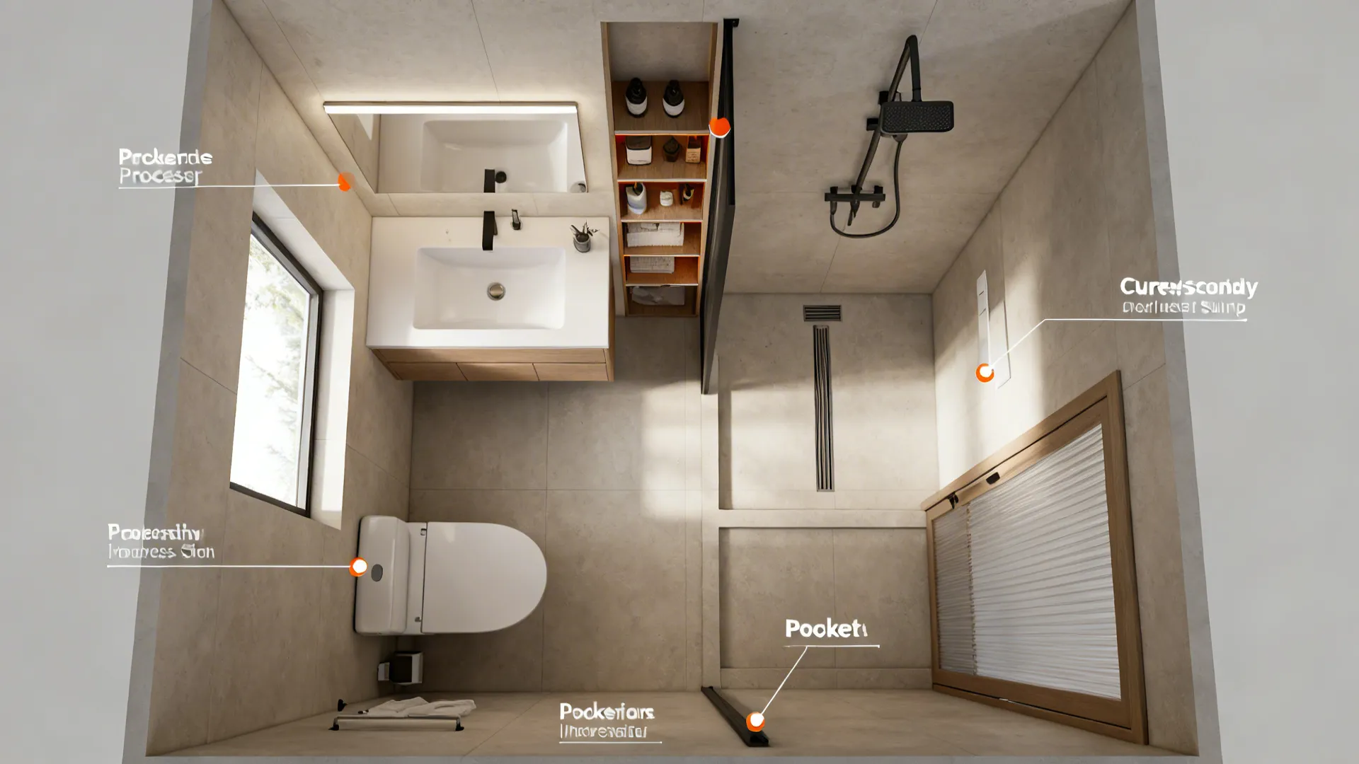 Top down room layout of small bathroom with sink toilet shower and open wood shelves