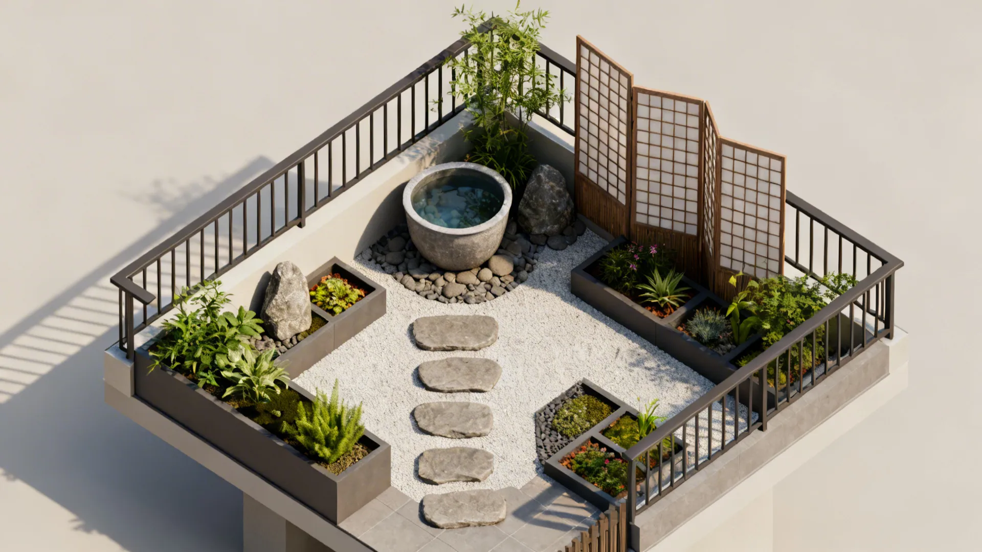 Top-down layout options for compact Japanese garden showing zones for stone, water, planting and screens.
