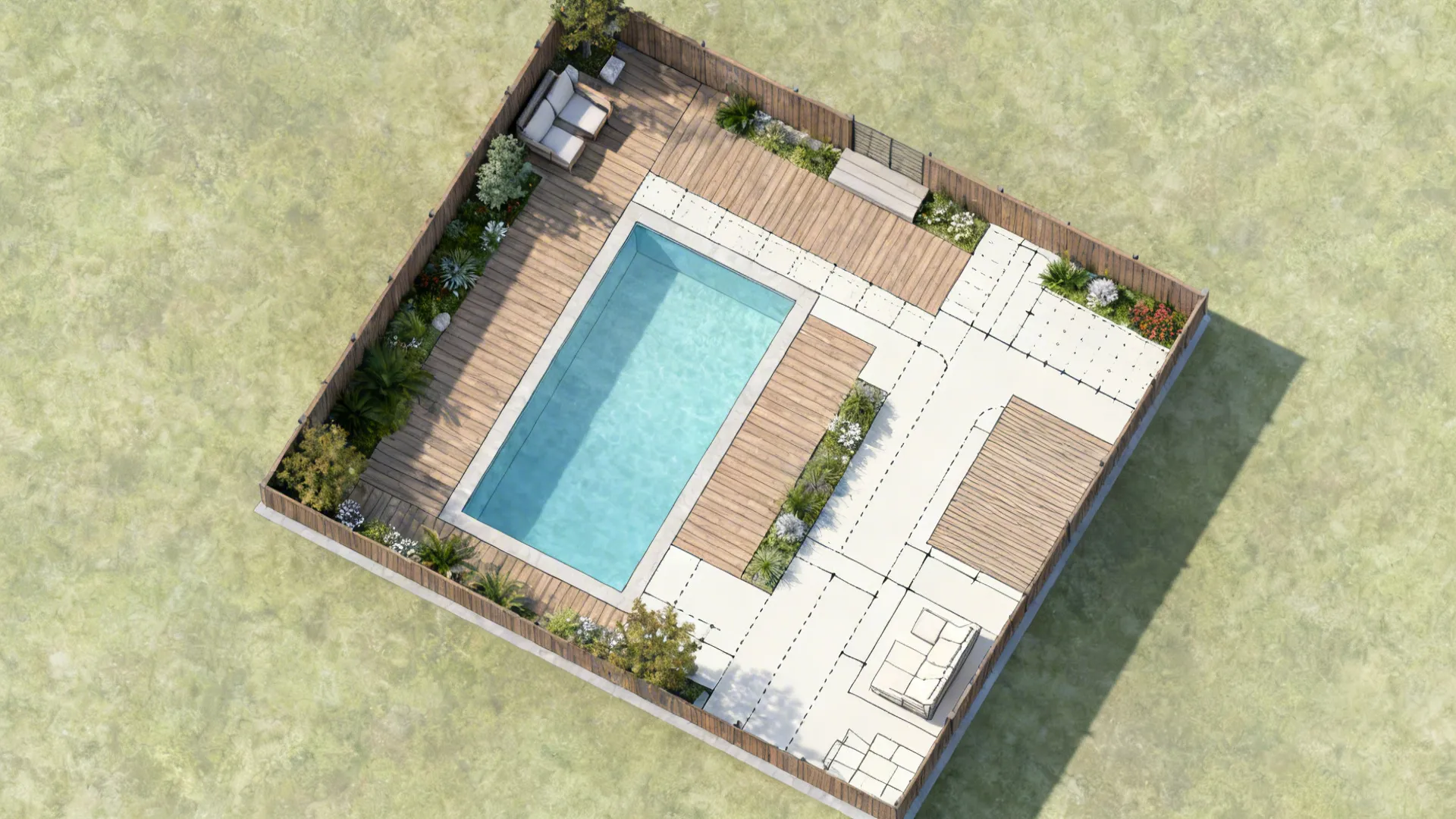 Top-down layout of a tiny backyard showing pool placement, decking and circulation paths for planning.