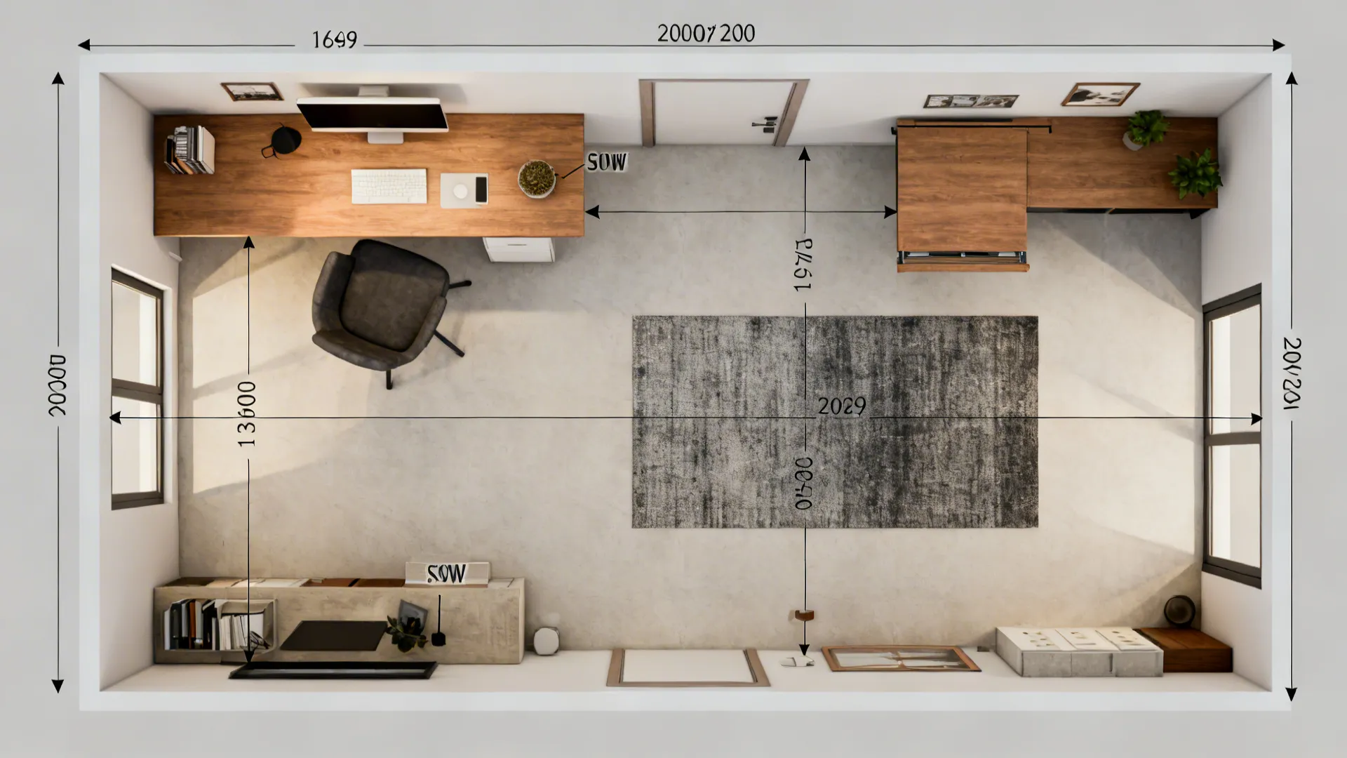Top-down room planner visualization showing small-office furniture configurations and measurements