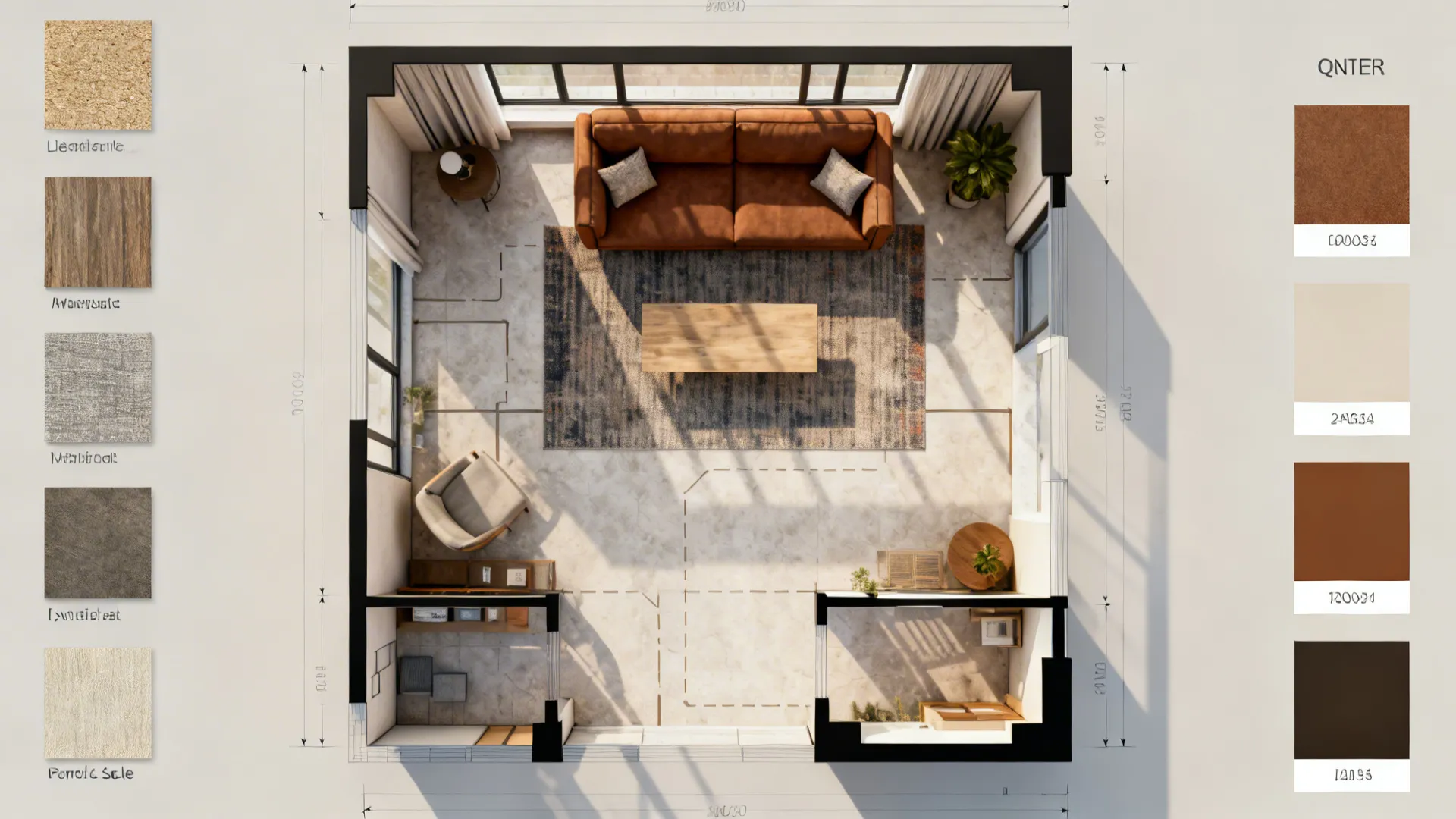 Top down interior design drawing showing brown sofa and various material samples for a living room