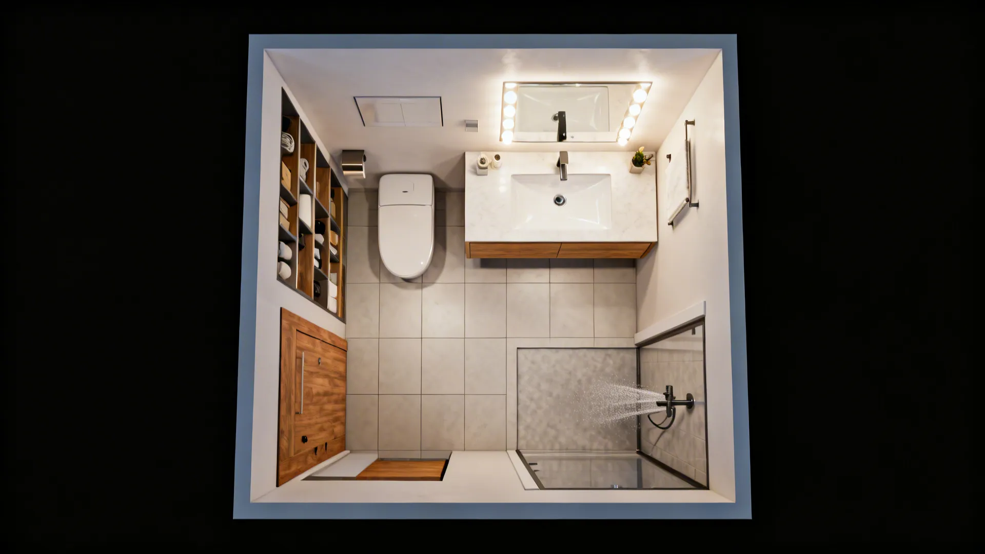 Top-down mockup layout of a tiny bathroom with suggested fixture and lighting placements.