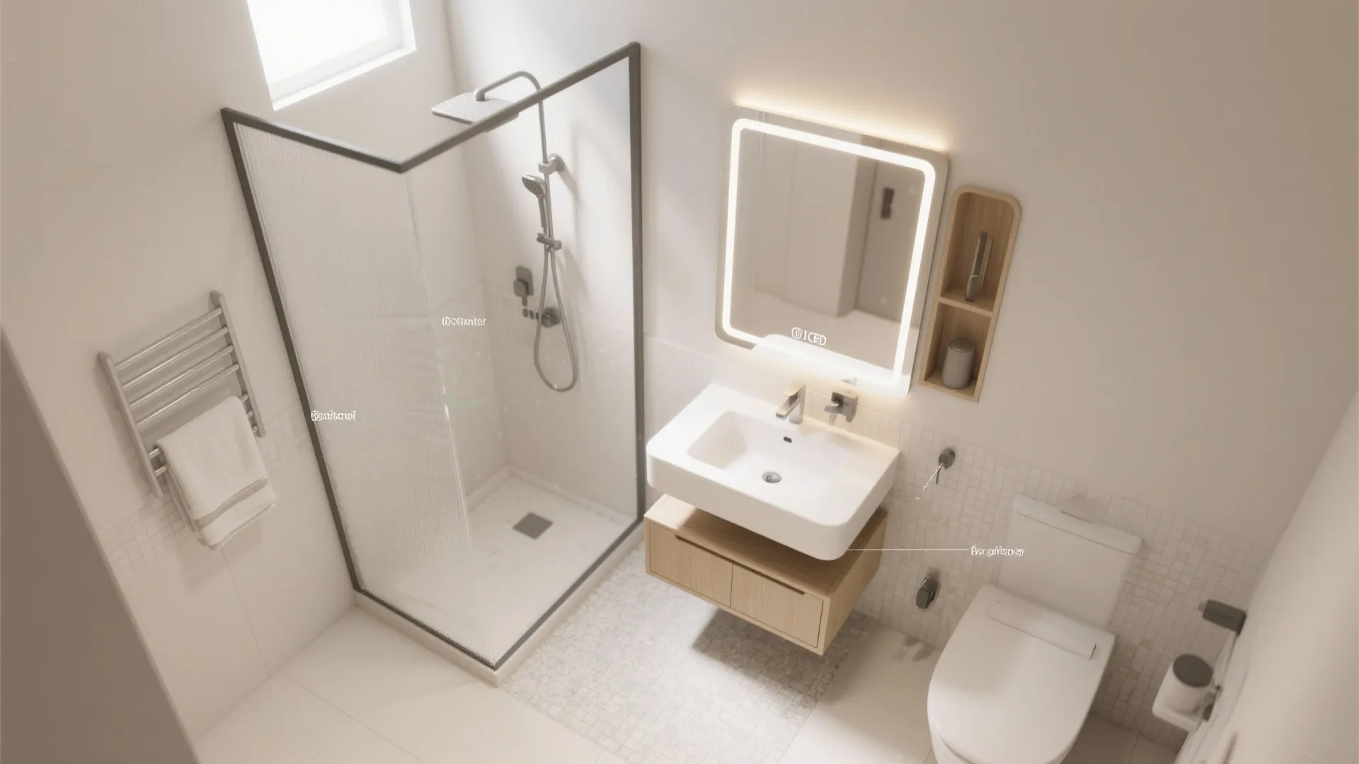 Top-down planning view of a compact off-white bathroom layout with suggested fixture placements.