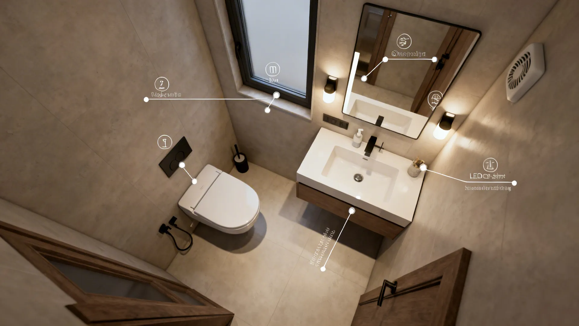 Top-down layout mockup of a 3㎡ windowless bathroom showing mirror placement, lighting zones and exhaust fan.