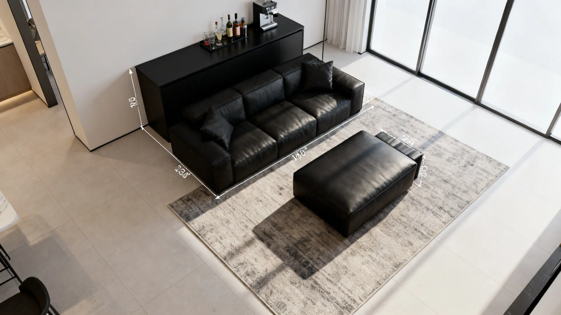 Top-down view of a small living room layout using black furniture to define zones