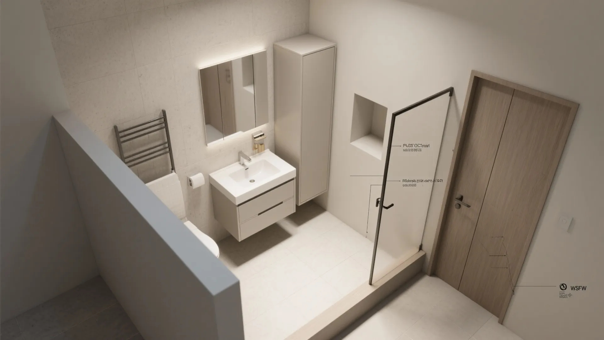 Top-down layout visual showing cabinet placements and clearances in a small bathroom.