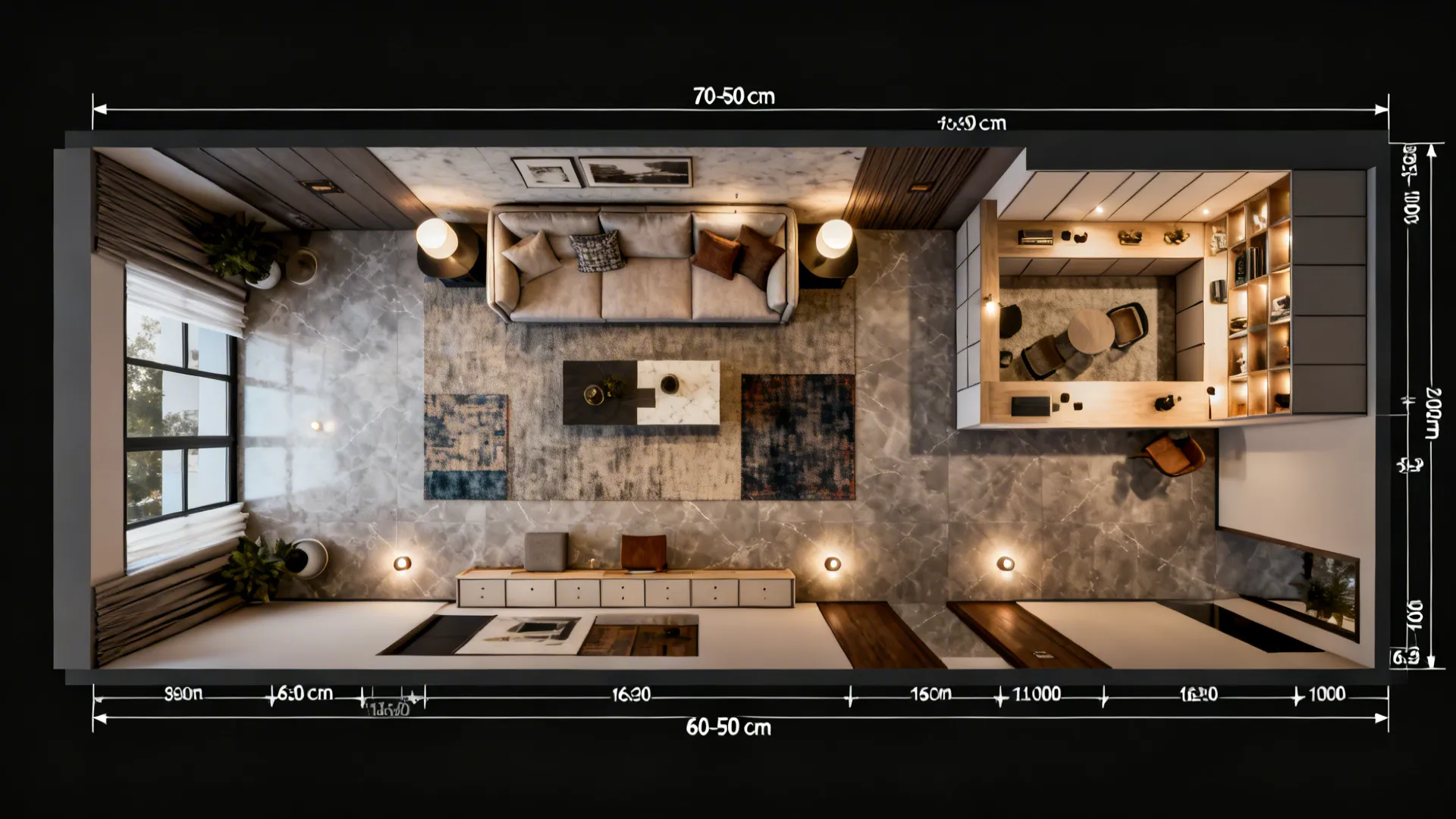 Top-down 3D layout of a long narrow living room showing measured circulation and zone placements.