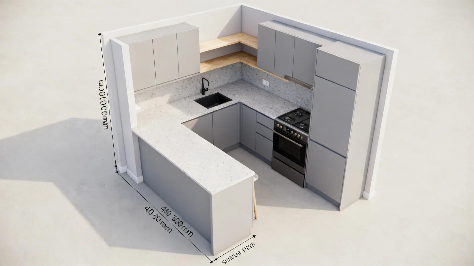 Top-down render of compact L-shape and galley layouts with clear circulation space.