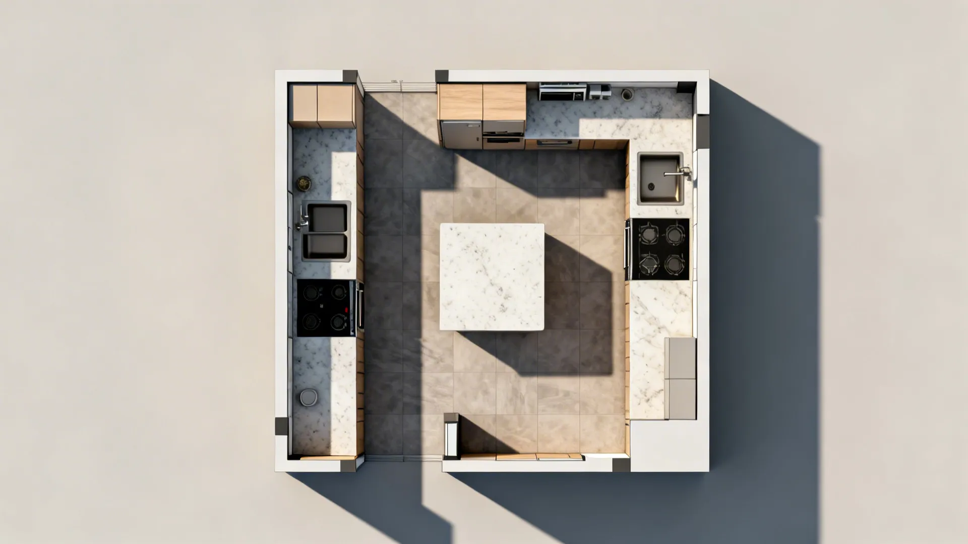 Top-down view comparing compact galley and L-shaped kitchen layouts with clear aisles.