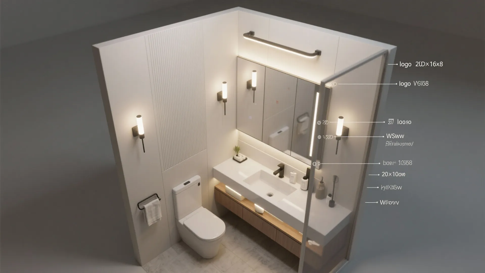 Top-down rendered layout of a tiny bathroom with recommended vanity fixture placements and spacing highlights