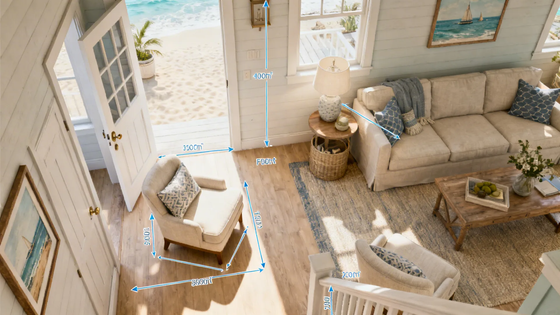 Top-down mockup showing accent chair sizes and clearance in a small coastal living room