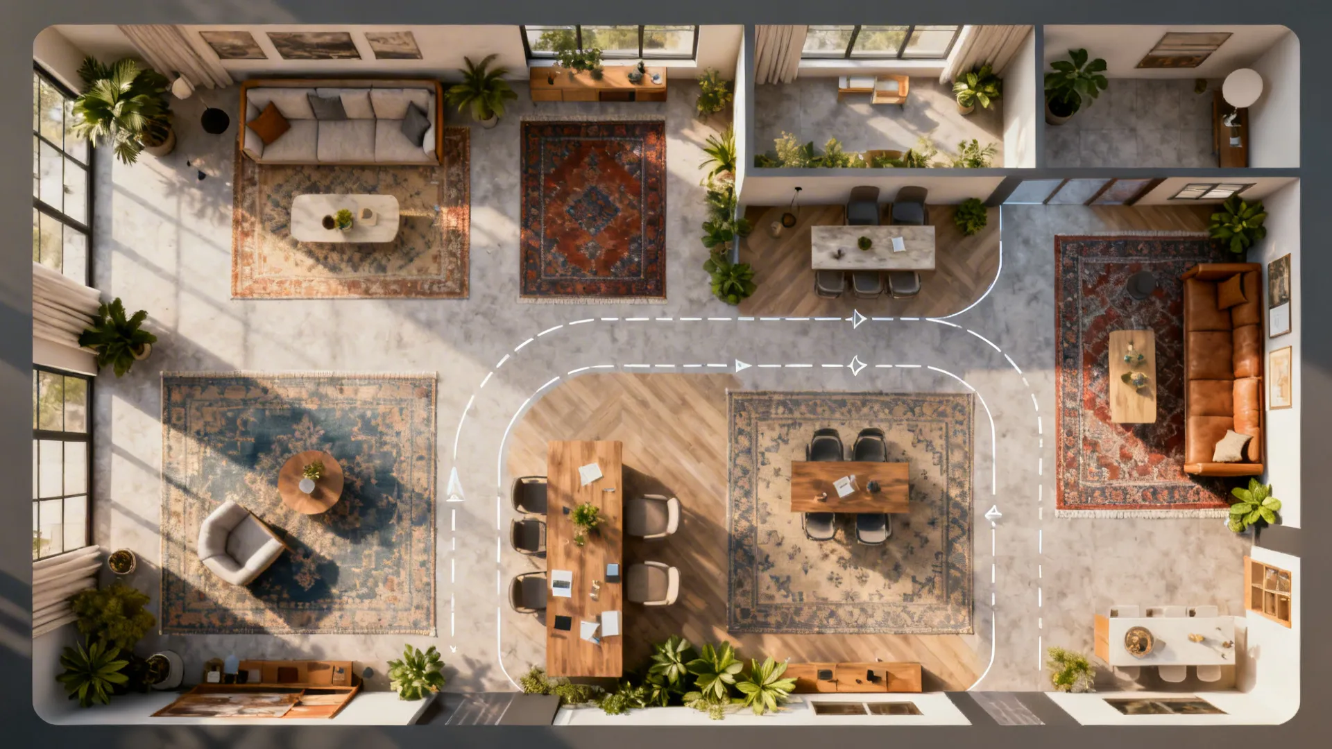Top-down layout showing zoning, rug sizes, and furniture islands for open-plan rooms.