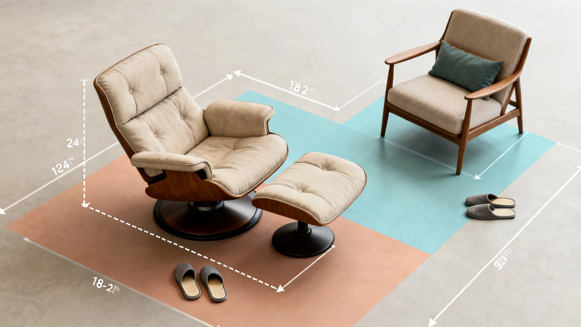 Top-down living room layout diagram showing clearances and footprints for different lumbar chairs.