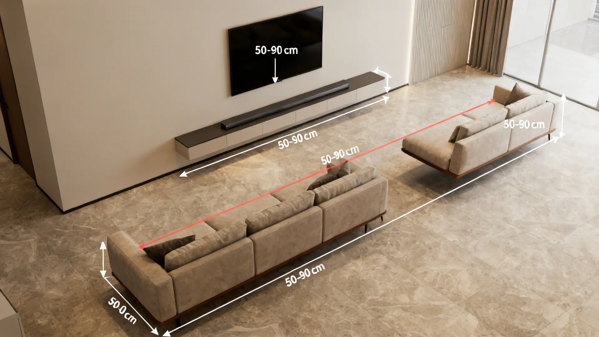 Top-down layout showing sofa placement, circulation space and TV viewing distances for a small living room.