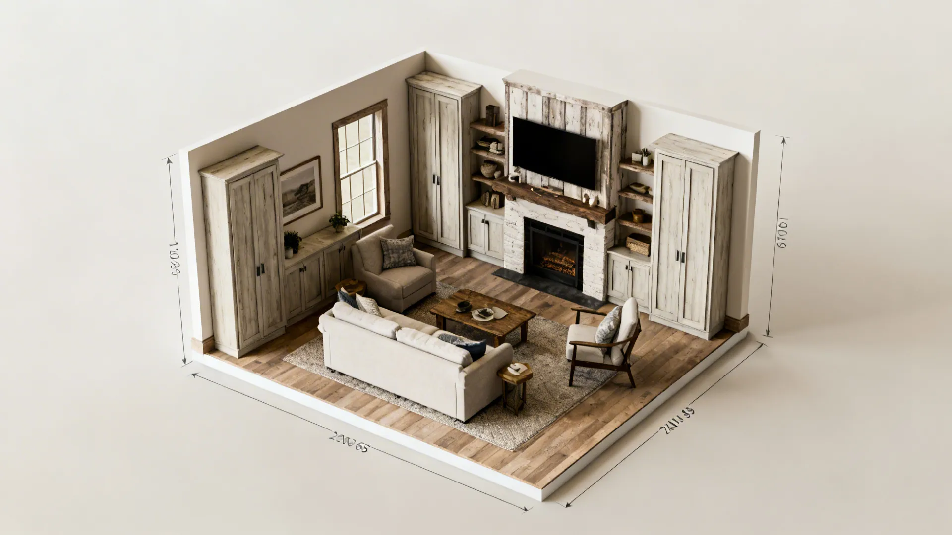 Top-down room planner style layout for a small farmhouse living room showing furniture placement and circulation.