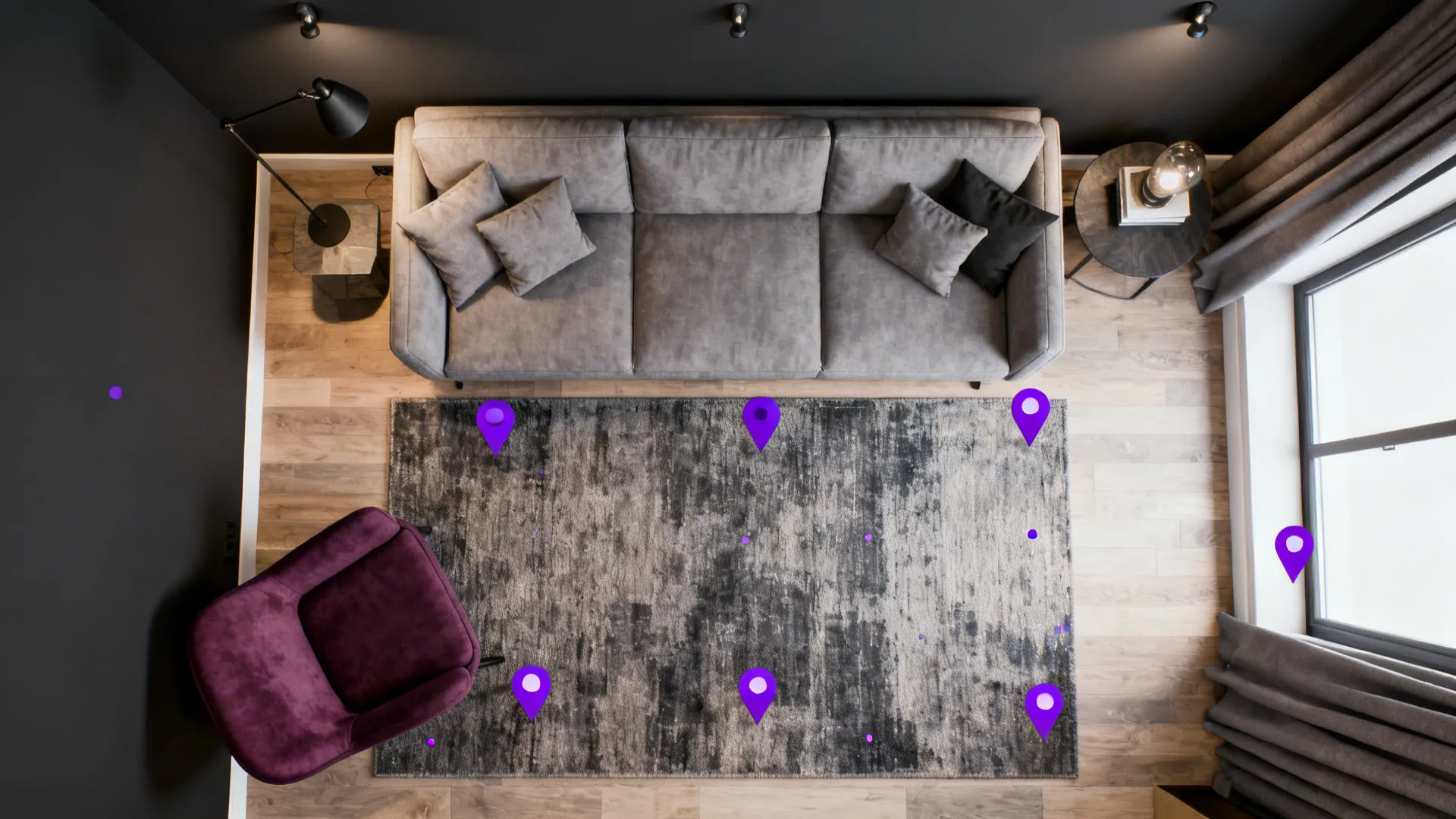 Top-down floorplan mockup showing grey-and-purple living room layout options with focal points.