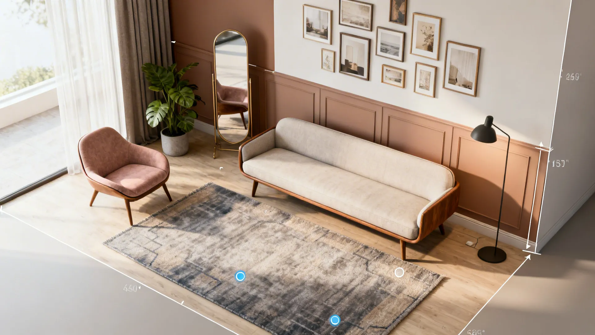 Top-down mock-up layout of a small living room showing recommended furniture and accent placement.