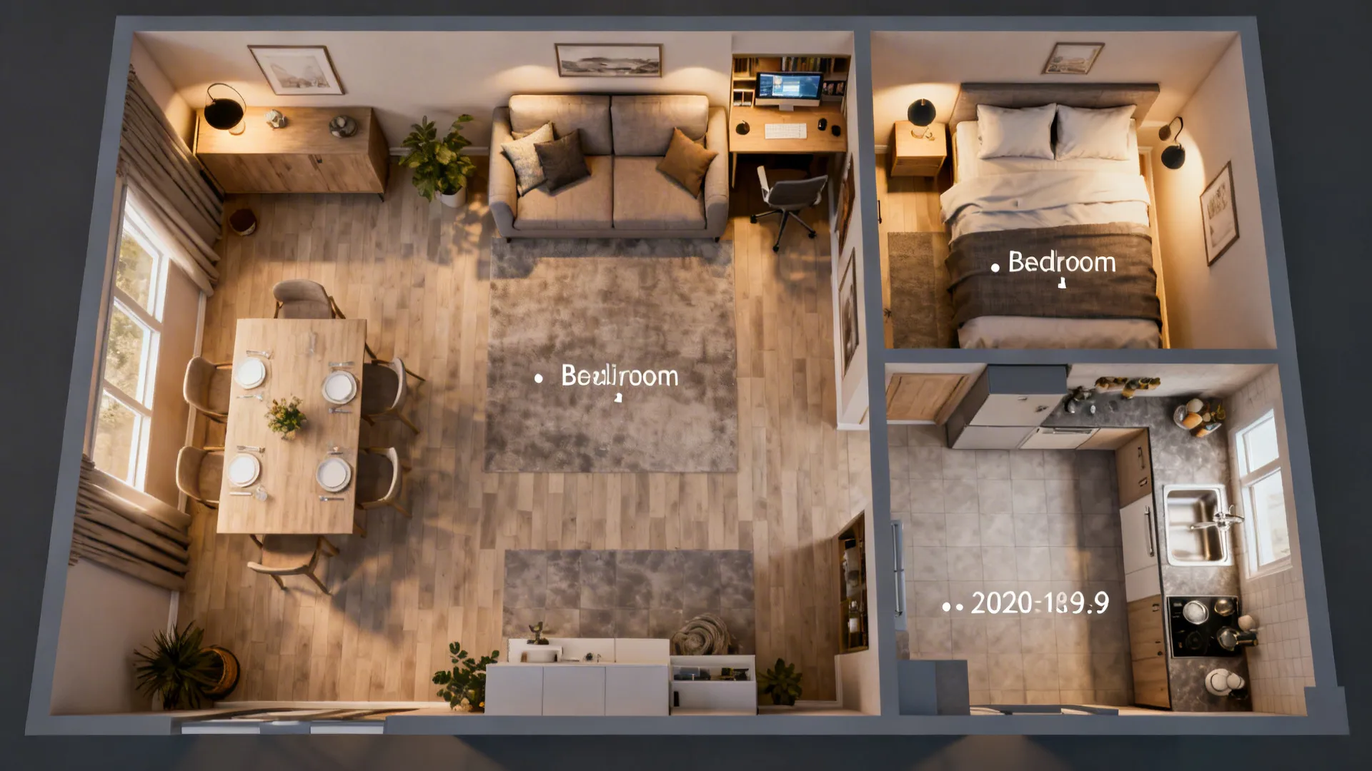 Top-down view of a small one-bedroom layout showing zones and a compact home-office nook