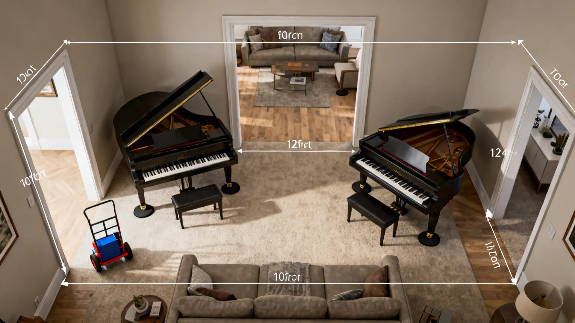 Top-down layout showing piano placement options, door measurements, and protective felt pads in a small living room