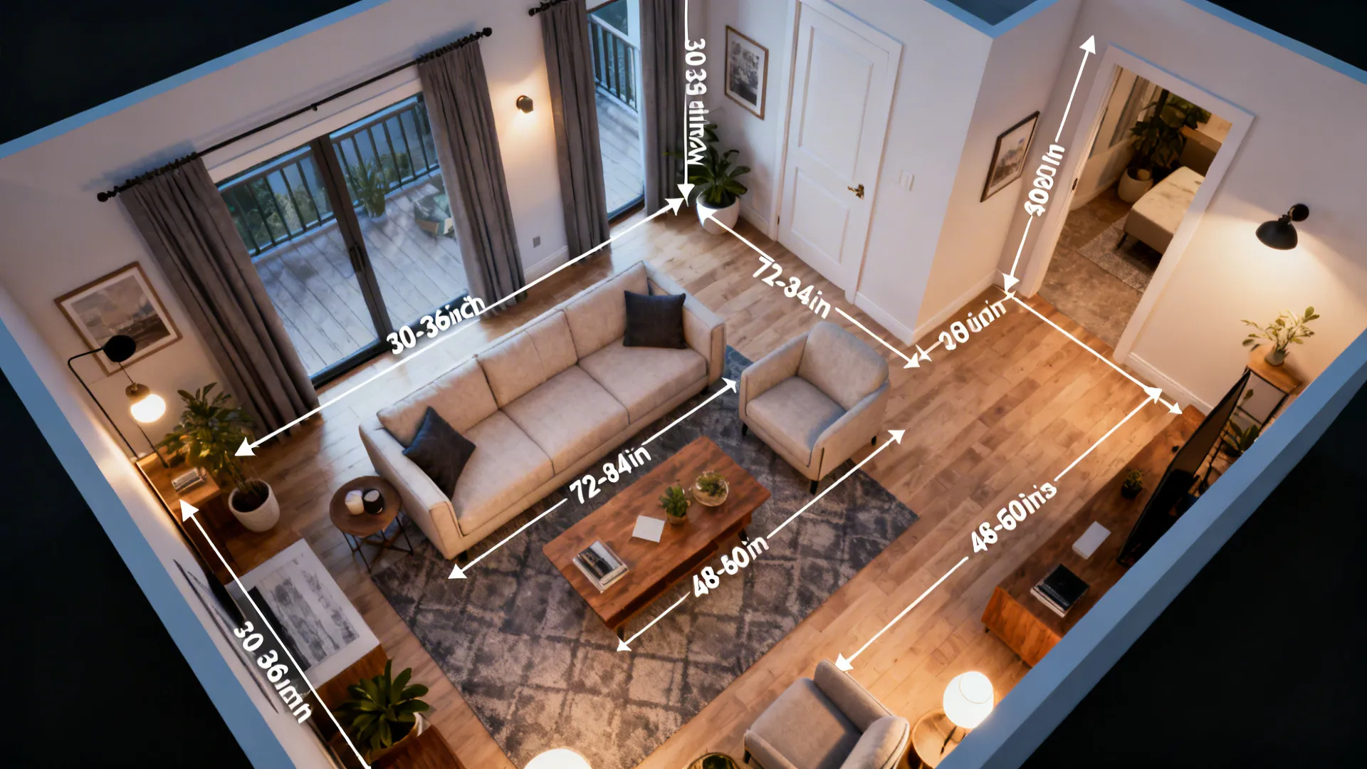 Top-down layout mockup showing sofa and loveseat placements with 30–36 inch walkways and door swing clearance.