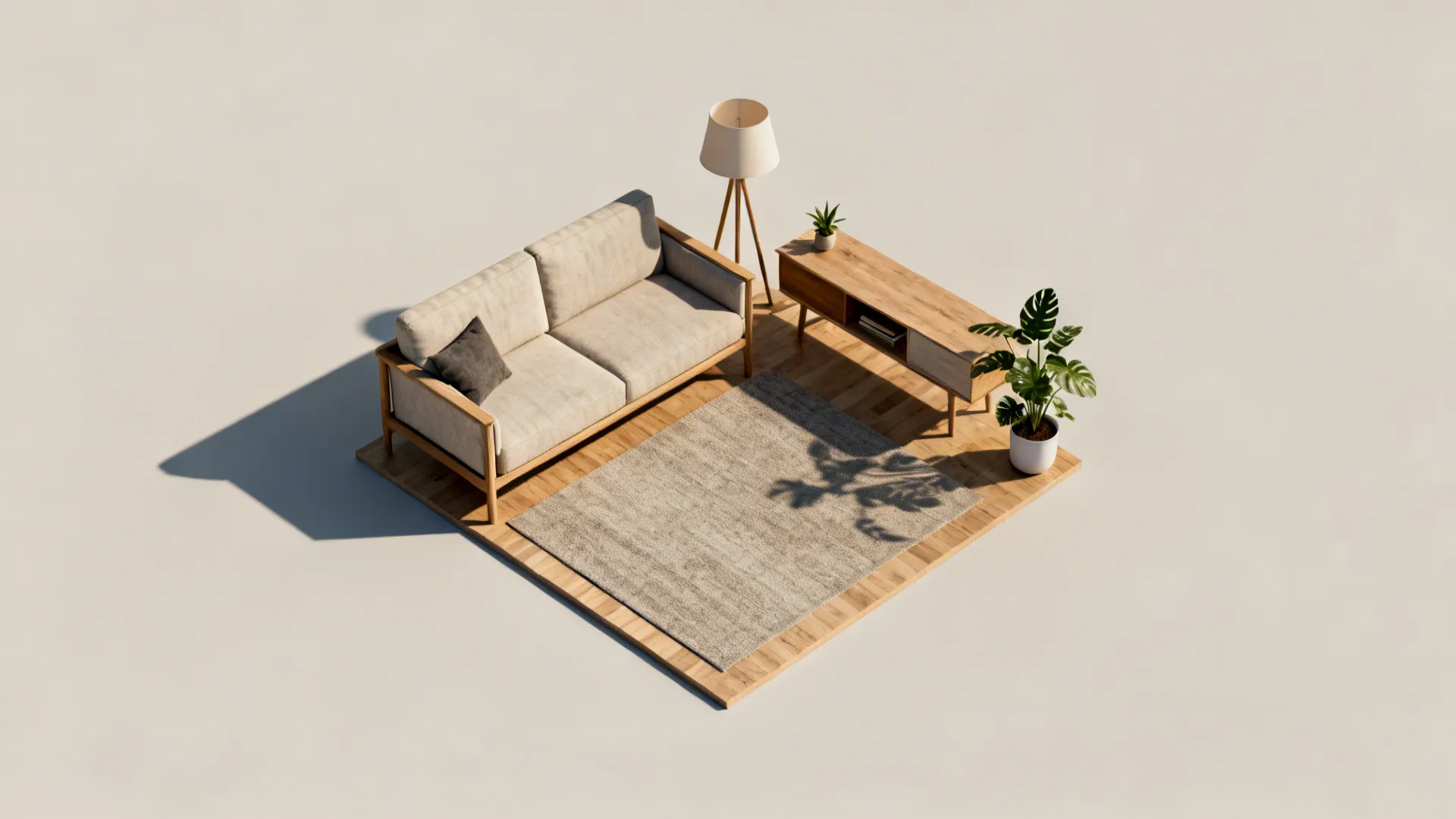 Top-down mockup of small living room furniture placement for Zoom background testing
