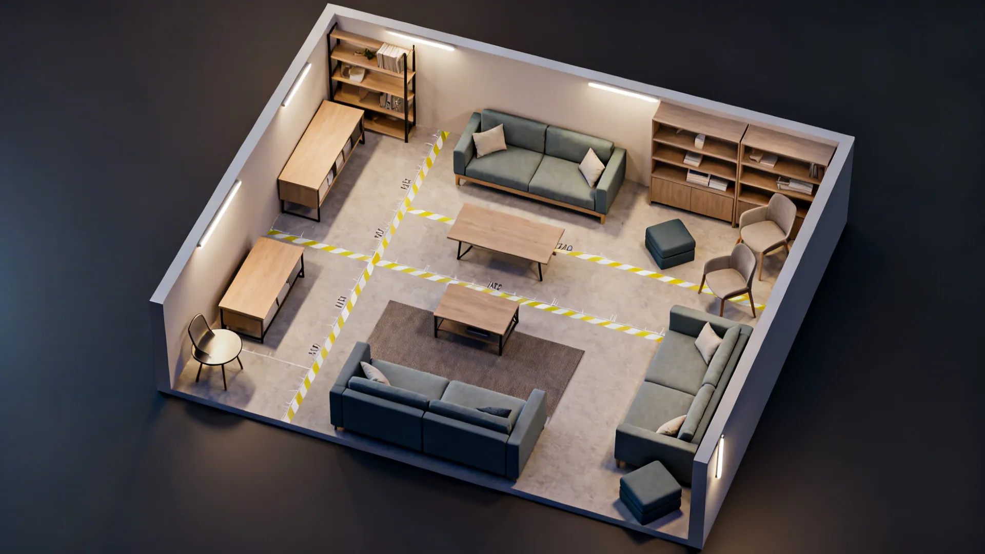 Top-down room planner view showing various 2-piece furniture layouts and circulation markings.