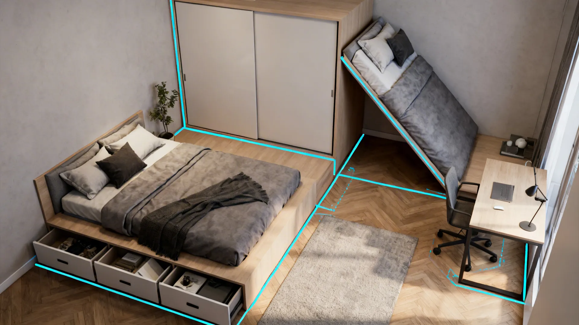 Top-down visualization of small-bedroom layout options including platform, Murphy, and diagonal bed placements.