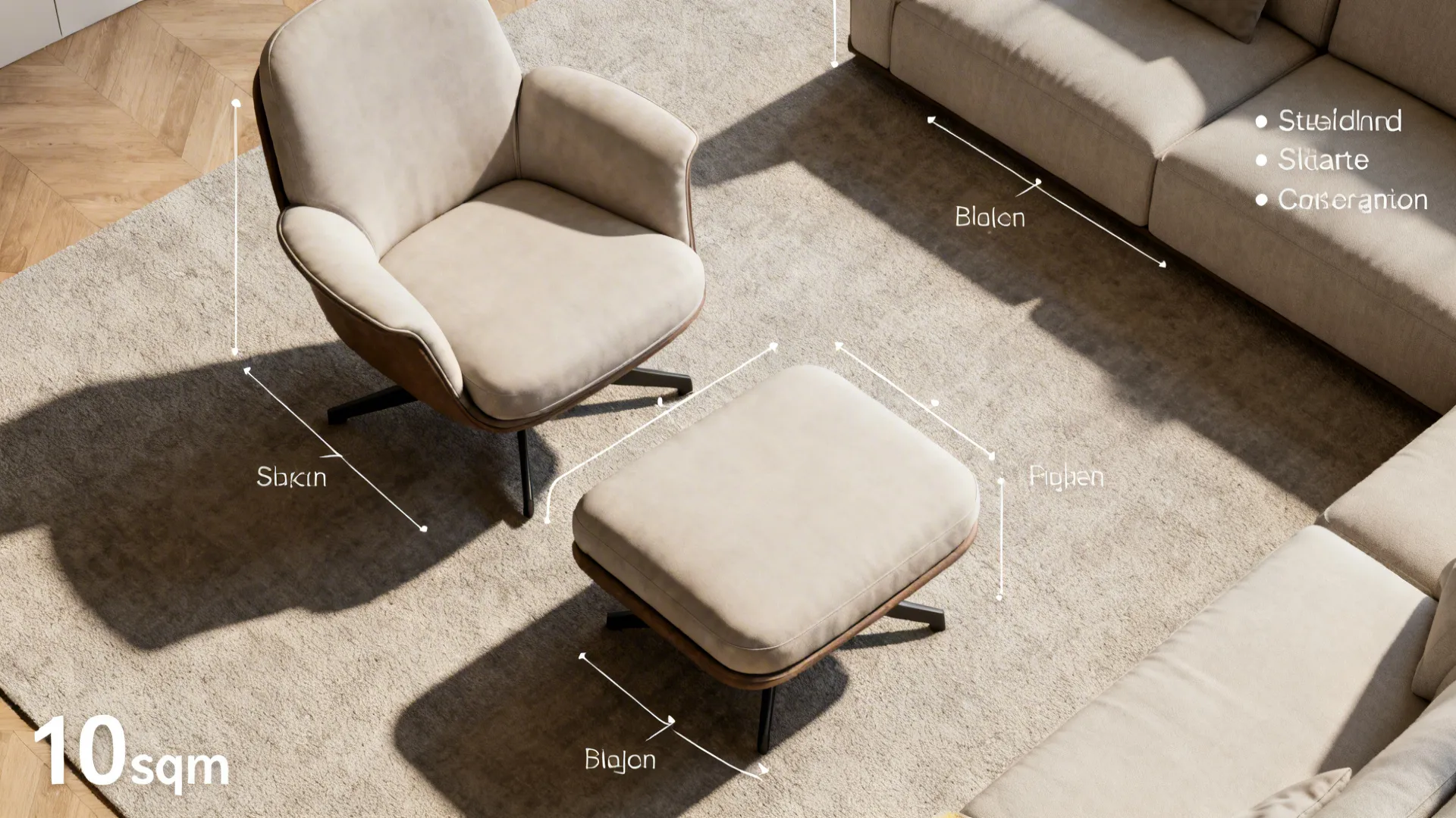 Top-down view of a small living room layout showing chair and ottoman placement and clearances