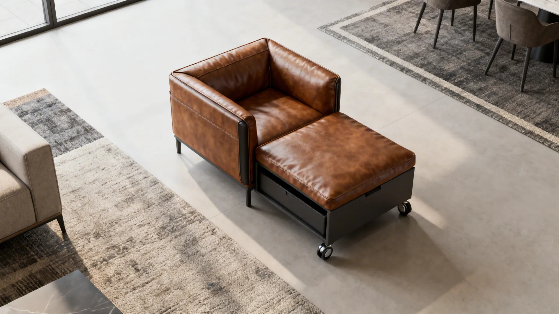 Top-down layout of a small living room with leather loveseat and storage ottoman on casters