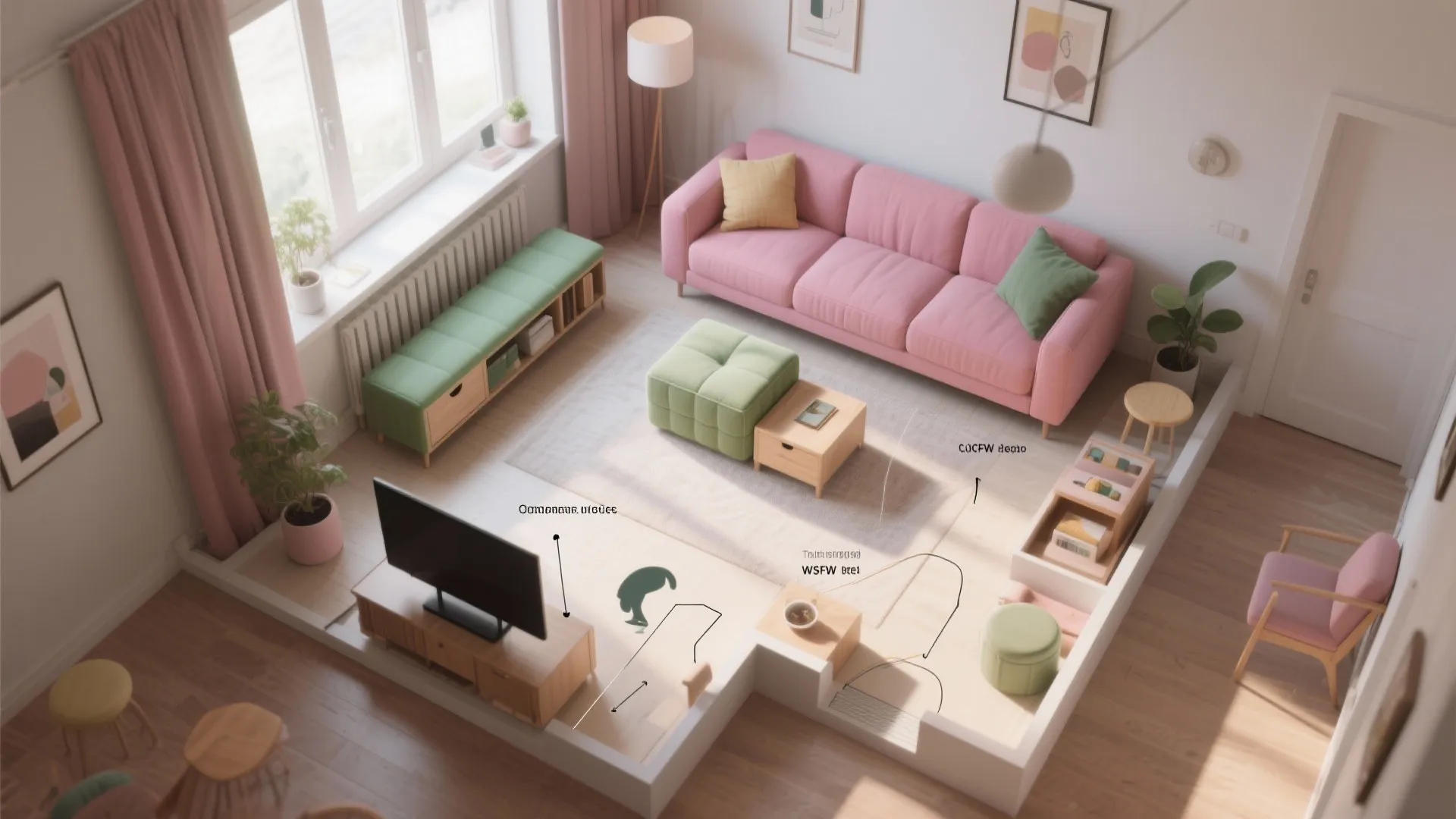 Top-down small living room layout showing pink and green furniture placement and multi-use pieces.