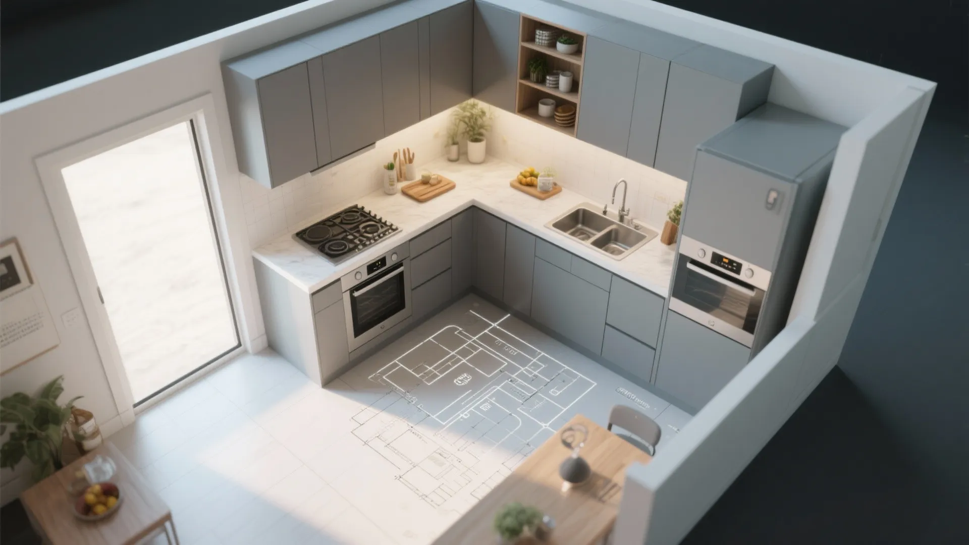 Top down interior design drawing of a grey kitchen with floor plan lines on the floor