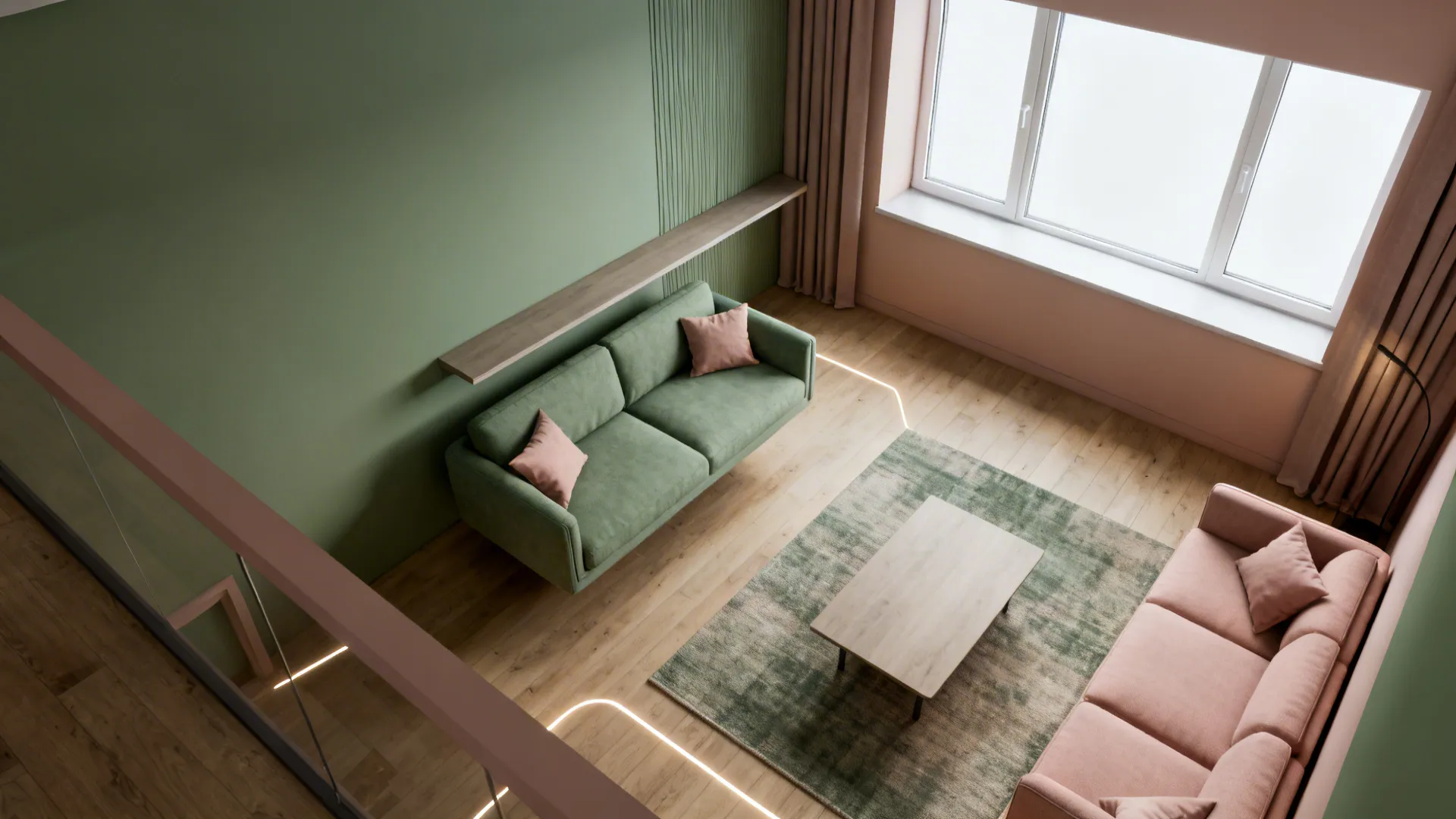 Top-down layout of a compact living room showing floated sofa, console, and clear window zone.