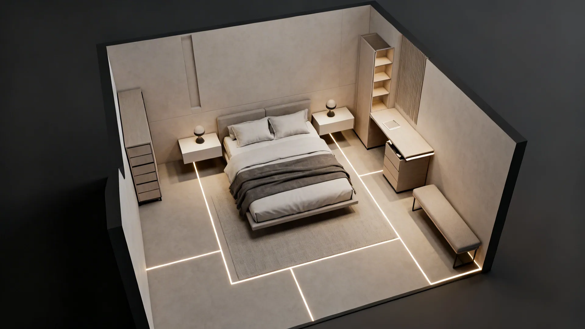 Top-down bedroom layout showing furniture placements and circulation for a small master bedroom.
