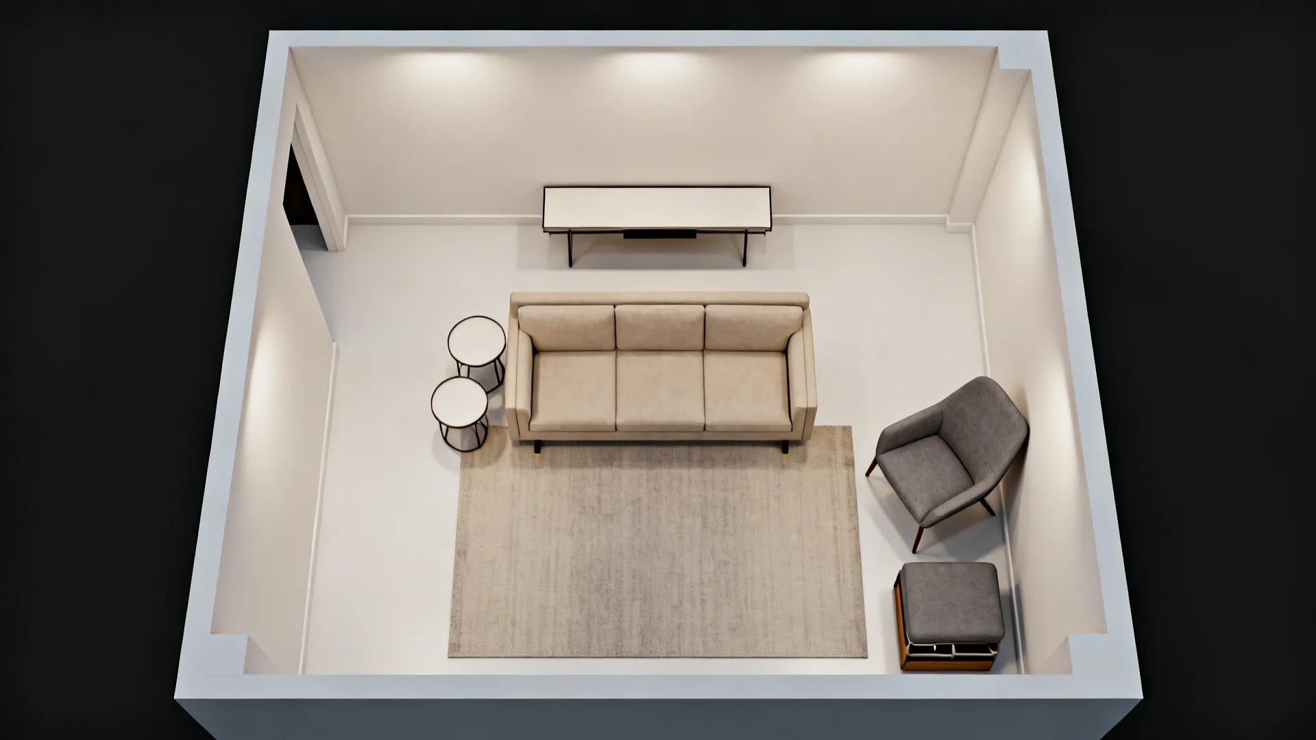 Top-down view of a small living room layout with floated sofa and clear walkways.