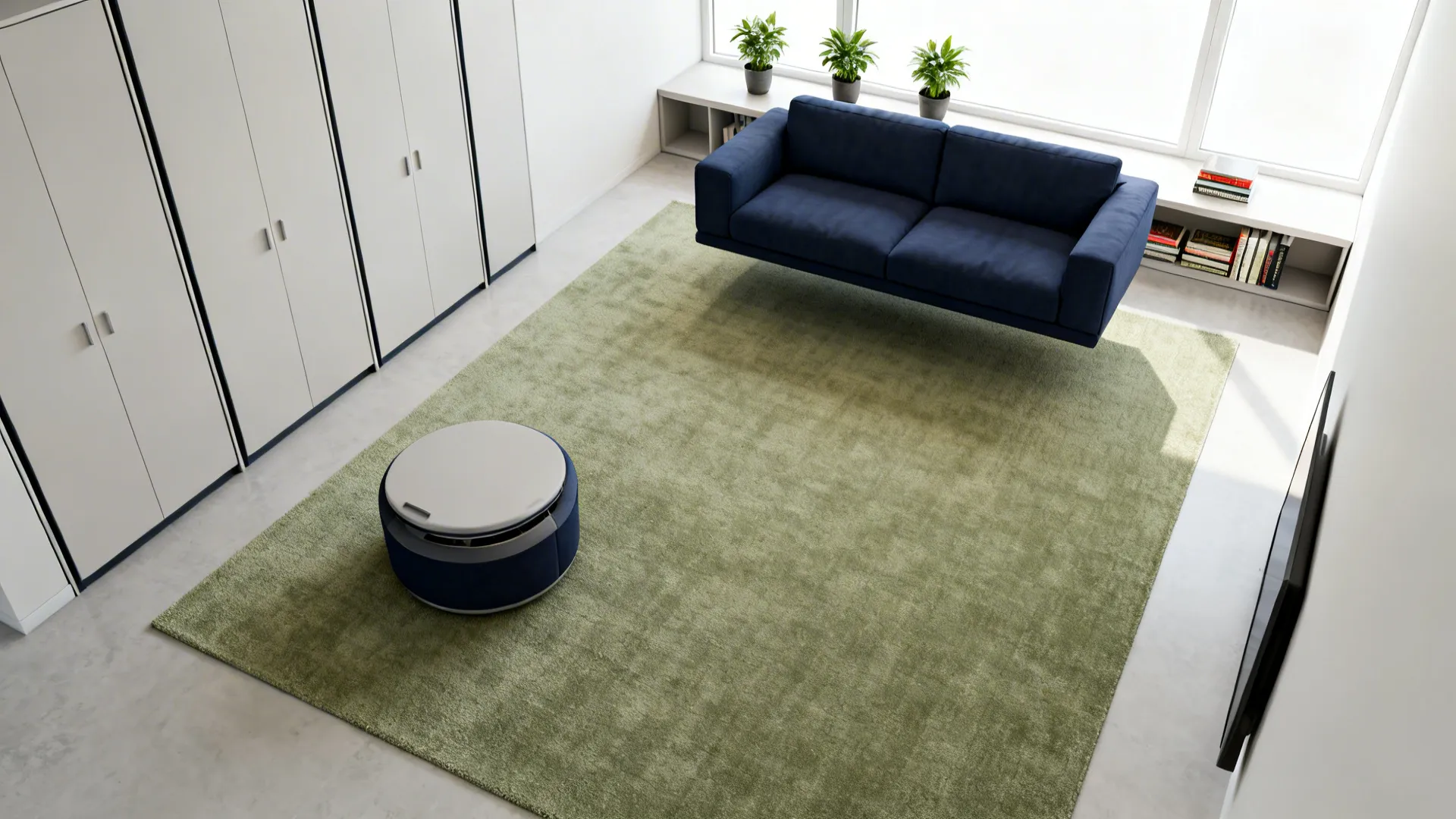 Modern living room top view showing blue sofa green rug white cabinets and large window