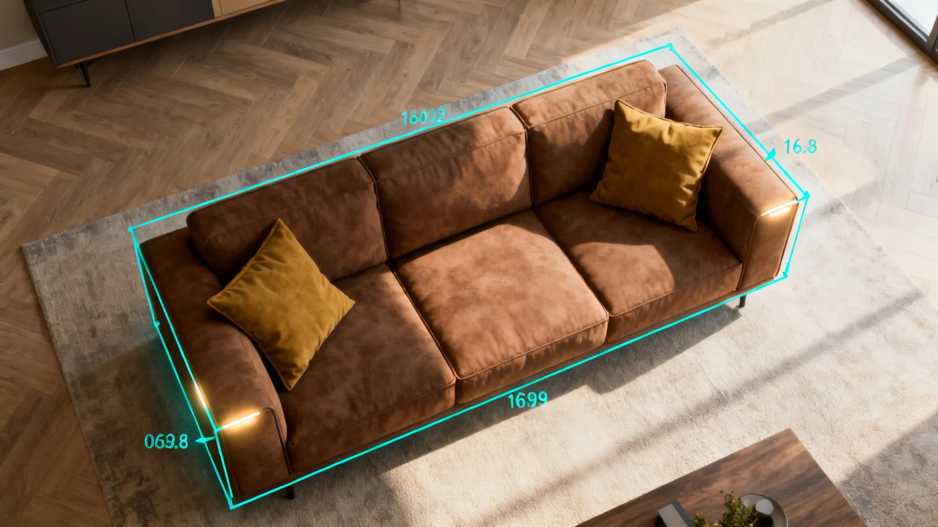 Top-down room planner mockup highlighting cushions and lighting around a brown sofa for quick upgrades.