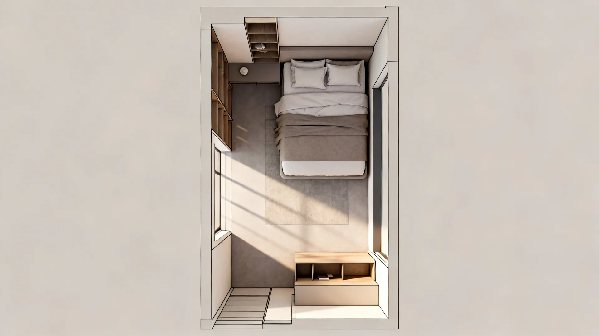Top-down floorplan mockup showing optimal queen bed placement and circulation in a small bedroom