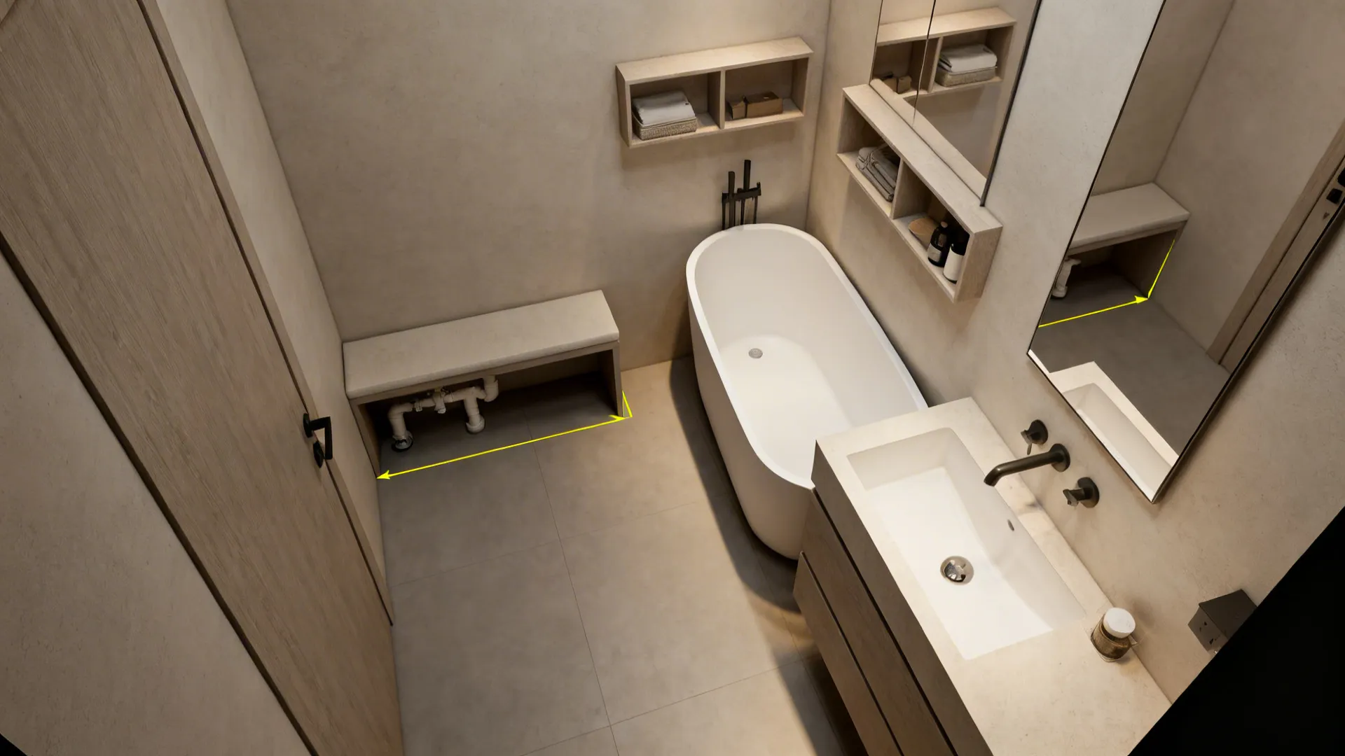Top-down layout of a tiny bathroom showing narrow tub, bench, and wall storage with measurements