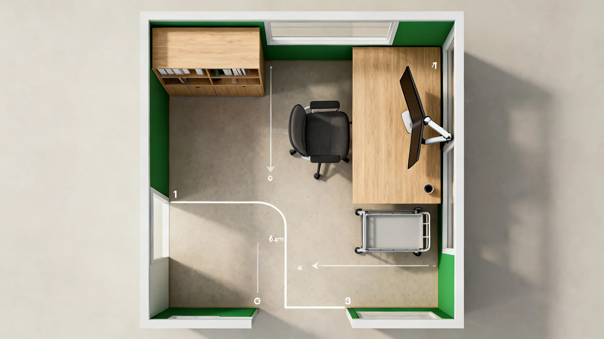 Top-down layout render of a 6 sqm tiny office showing prioritized storage and clear circulation