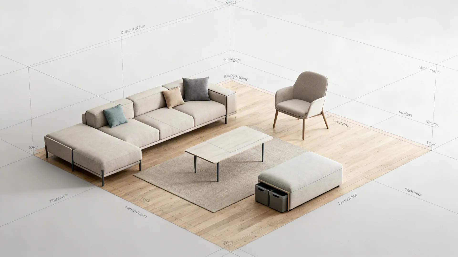 Top-down 3D layout of a small living room showing slim furniture placement and clear circulation.