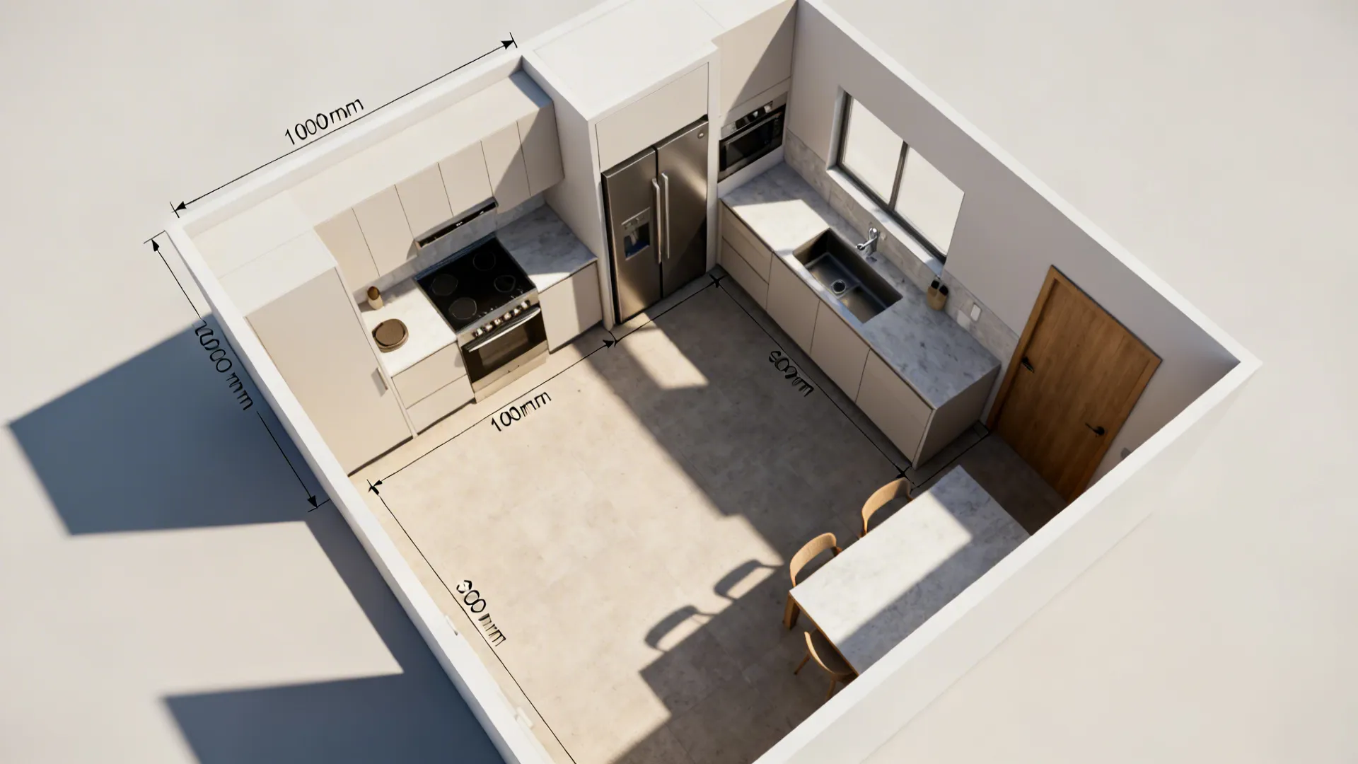 Top-down view of a small kitchen layout with optimized work triangle, clearances, landing space, and corner solutions.
