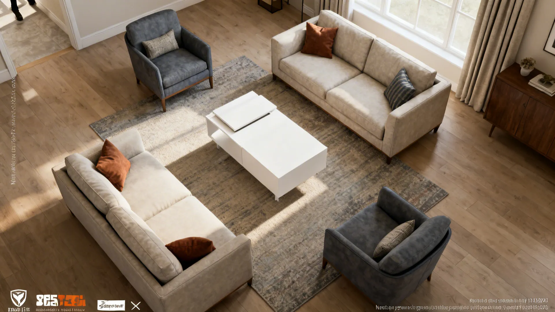 Top-down layout showing optimized circulation and seating around a white coffee table in a small living room.