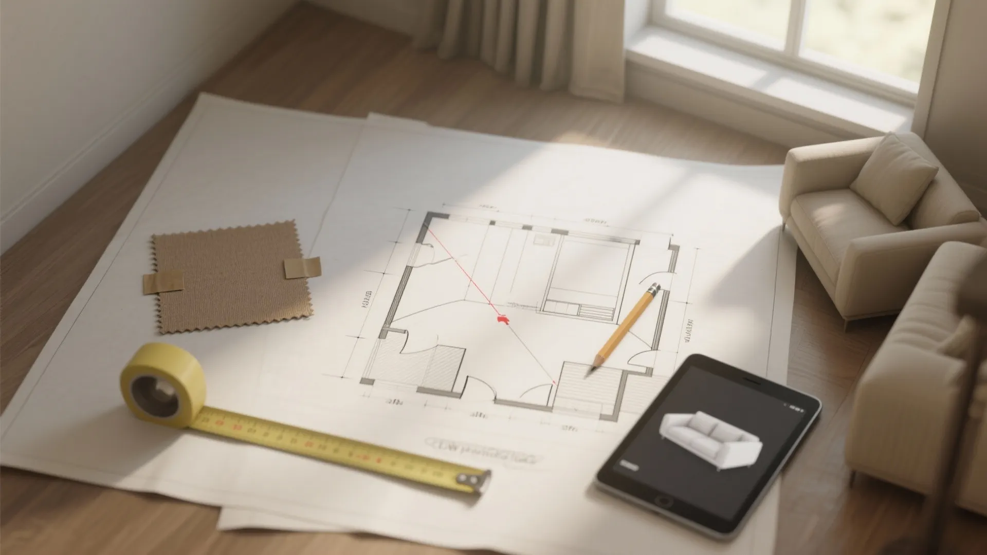 Top-down room plan with a taped fabric swatch, tape measure and tablet showing a 3D couch rendering to test scale and sightline.