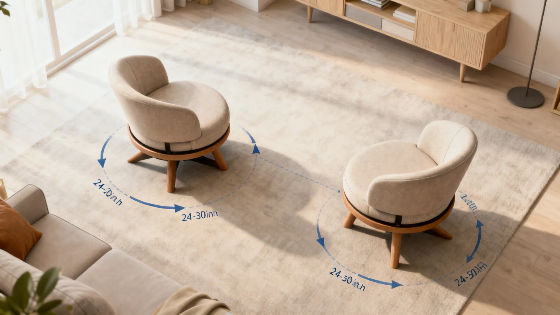 Top-down plan of a small living room illustrating swivel chair turning radii and circulation paths.