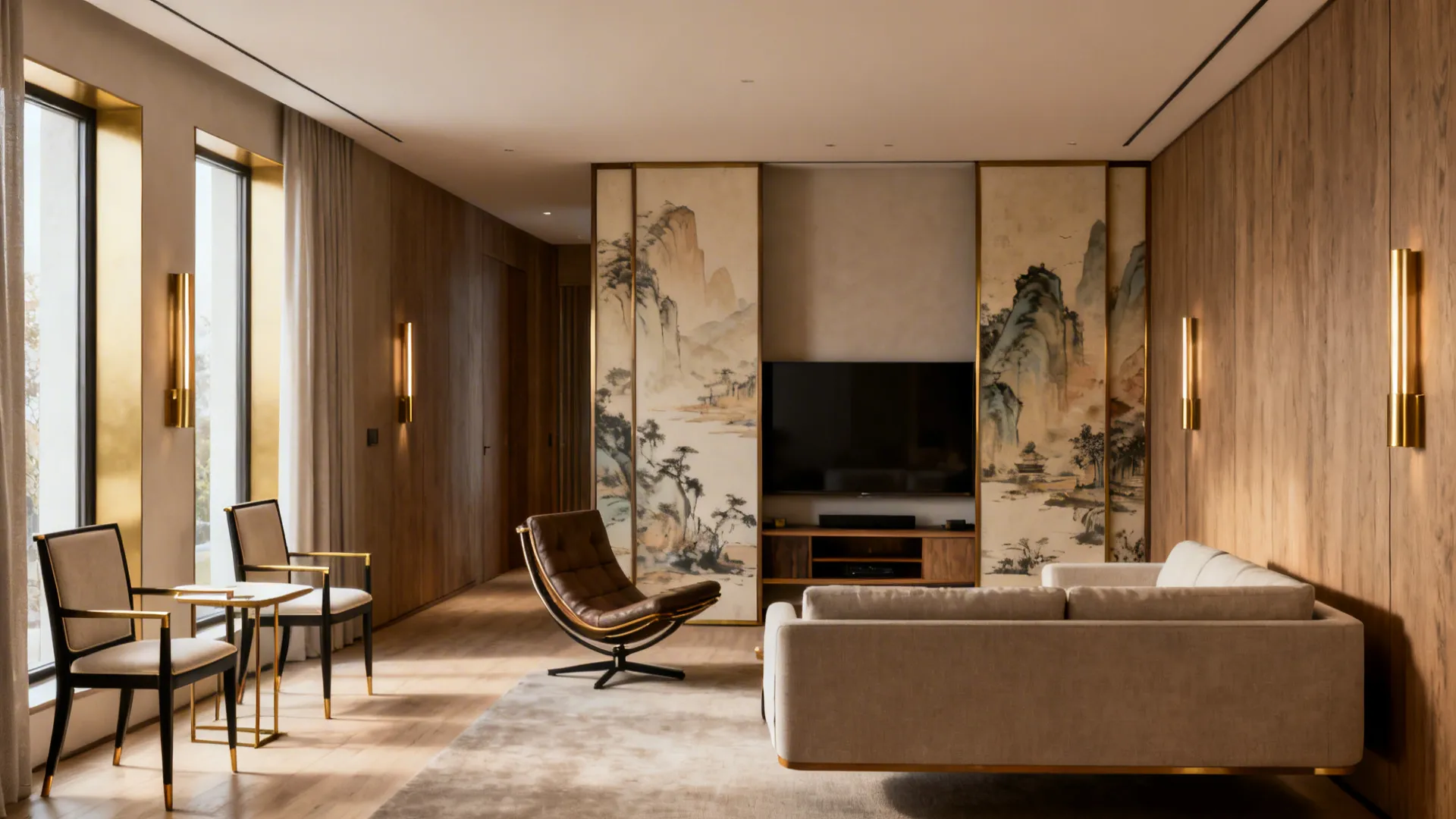 Room with a concealed TV, symmetrical drawing-room chairs, and a floating sofa defining the living zone.